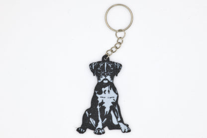 Keychain with a black and white Boxer silhouette dog design on a white background